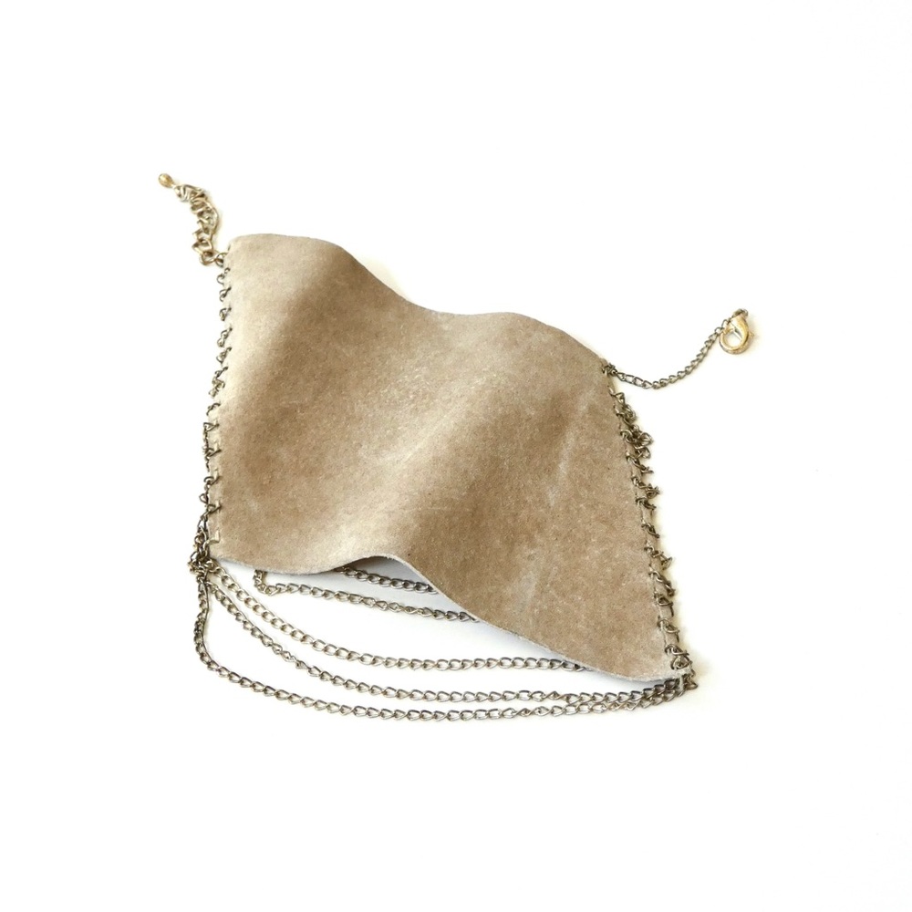Leather Bracelet with Chain Detail Greige Beige